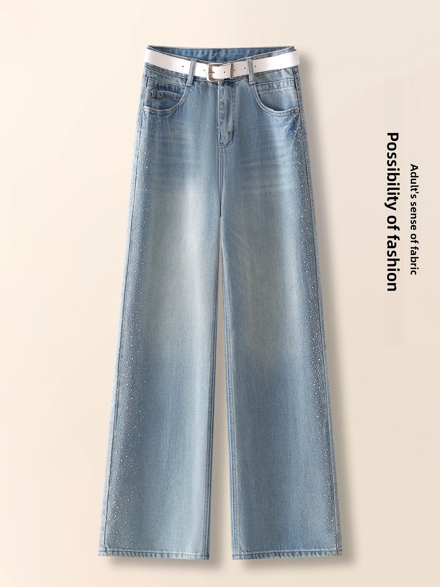 

Джинсы с высокой талией и широкими штанинами для женщин, весна-осень, новая модная коллекция, популярные, с декором из страз, стройнящие, прямого кроя