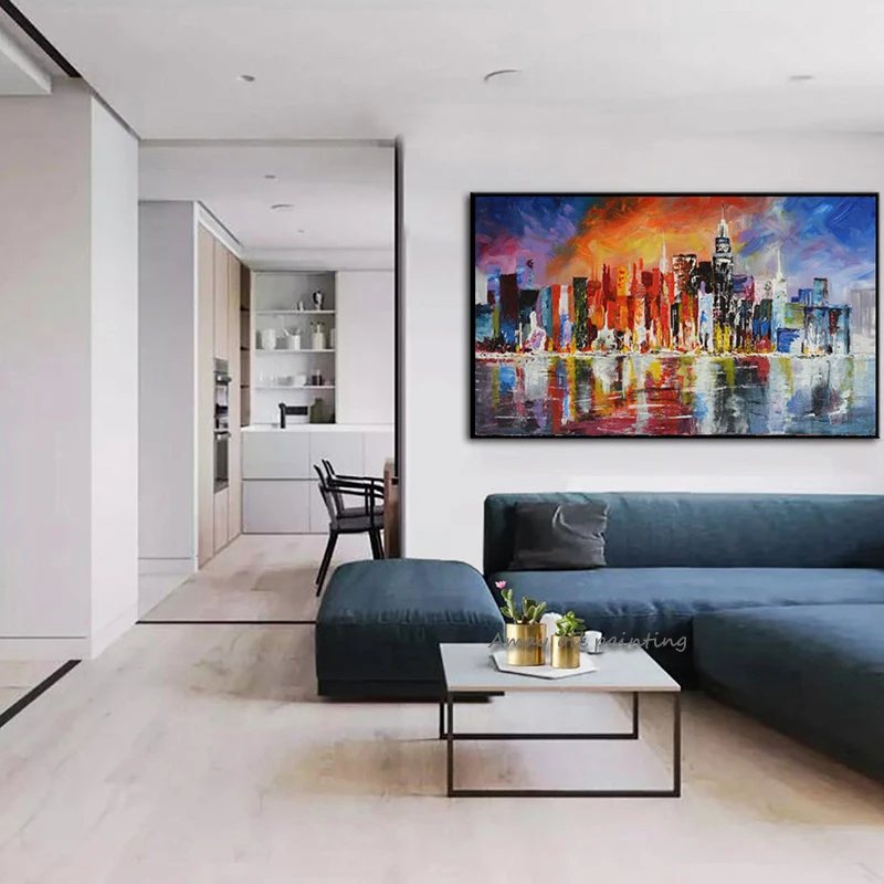 Impressionist Skyline Oil Painting, Thick Palette Knife City Reflection Handmade Wide Canvas Interior Art