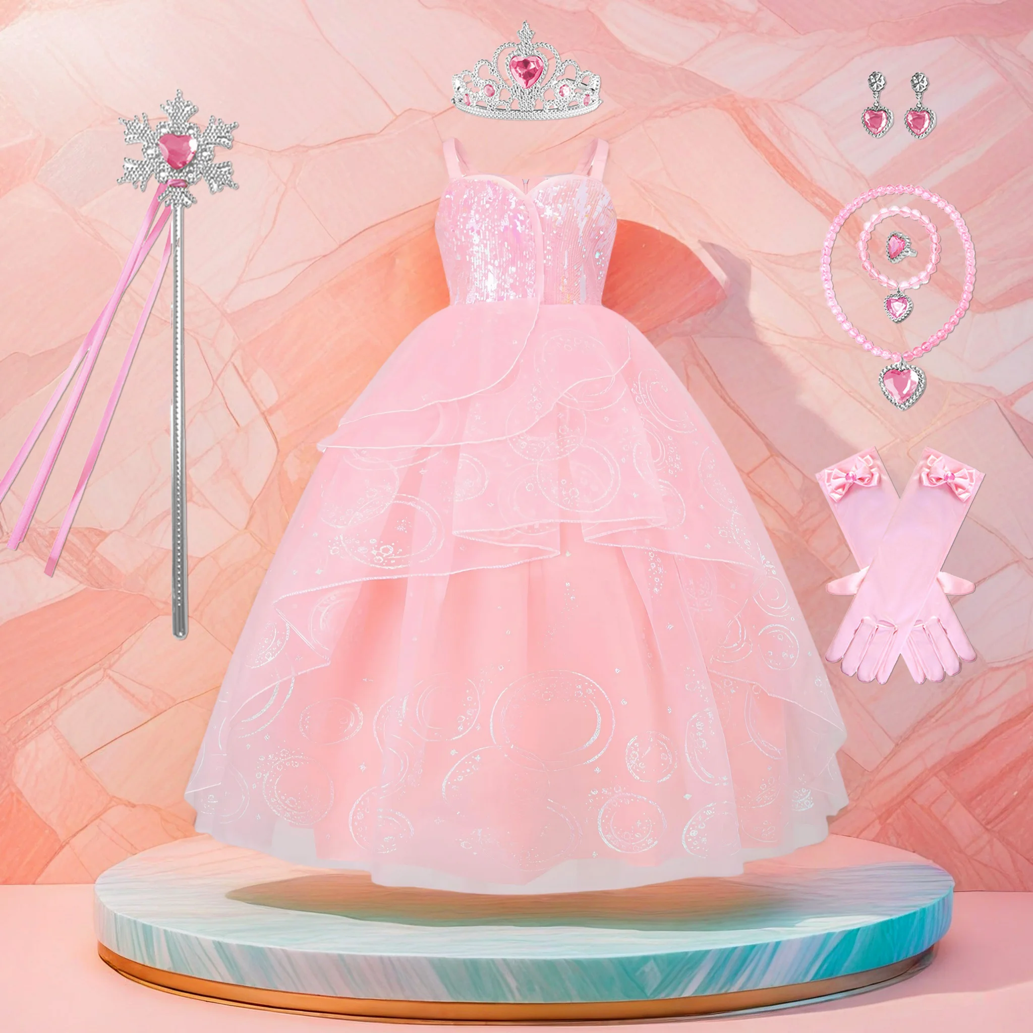 

Wicked Witch Glinda Girl Cosplay Dress Pink Sequins Halloween Wedding Dress Long Dress