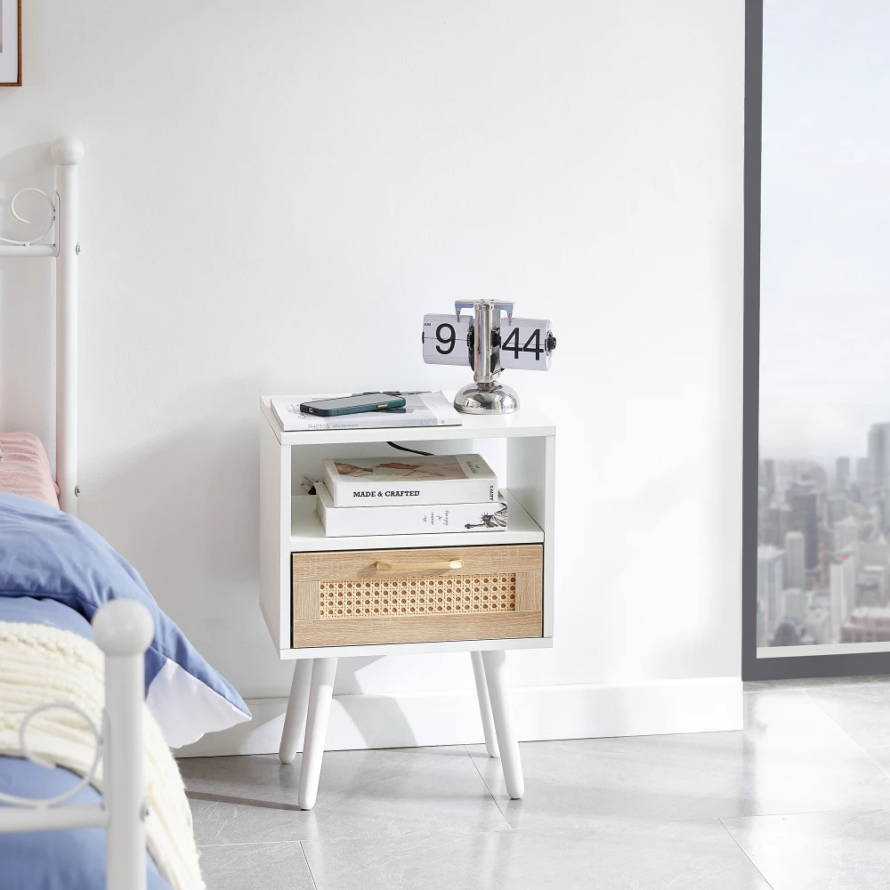 15.75" White Rattan End Table with Power Outlet & USB Ports, Modern Nightstand with Drawer and Solid Wood Legs, Rectangle Side Table for Living Room Bedroom Office, Easy Assembly, Smooth Slide Storage Drawer view 2