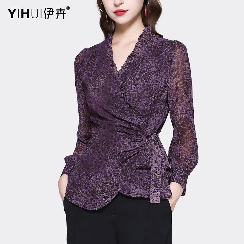 Elegant Vintage Women Long Sleeve V-neck Purple Floral Shirt With belt Lace-up Elegant Slim 2023 Autumn new Ladies Tops Blouses