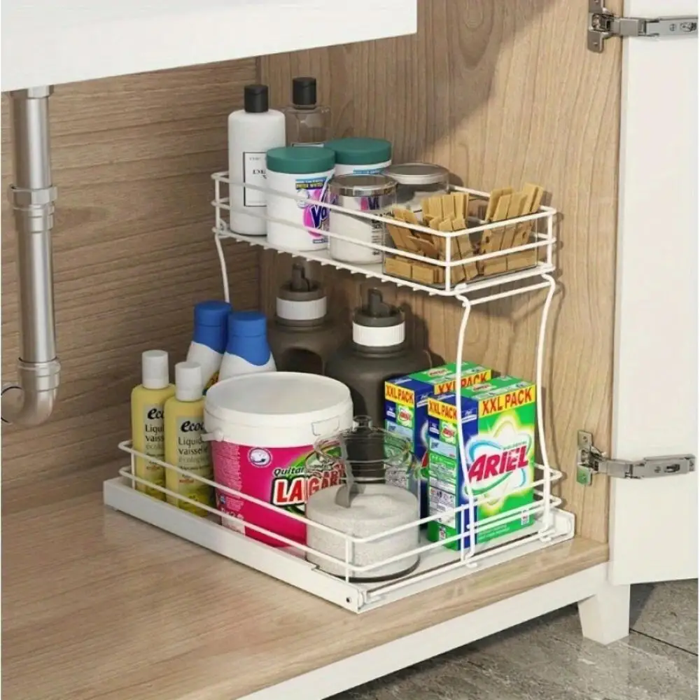 

Double-Layer Pull-Out Sink Organizer for Kitchen & Bathroom Cabinets - Medium White Storage Solution