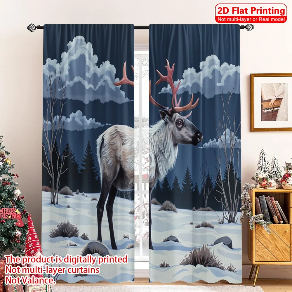 

2pcs 2D flat printing Merry Christmas Popular Window Drapes Reindeer Winter Forest 100% Polyester Fabric Without Electricity