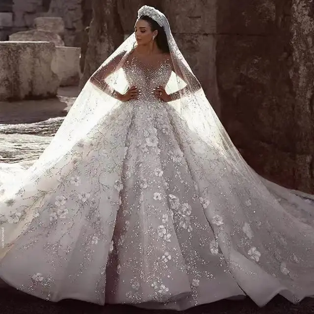 Exquisite Arabic Dubai Wedding Dress Sheer V-neck Illusion Sleeves Flowers Tulle Princess Birde Bridal Gowns Vestido De Novia