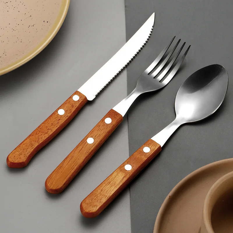 Juego de cubiertos con mango de madera, vajilla de acero inoxidable 304 con espejo, cuchara con mango de madera, cuchillo, tenedor, vajilla de cena, juego de cocina
