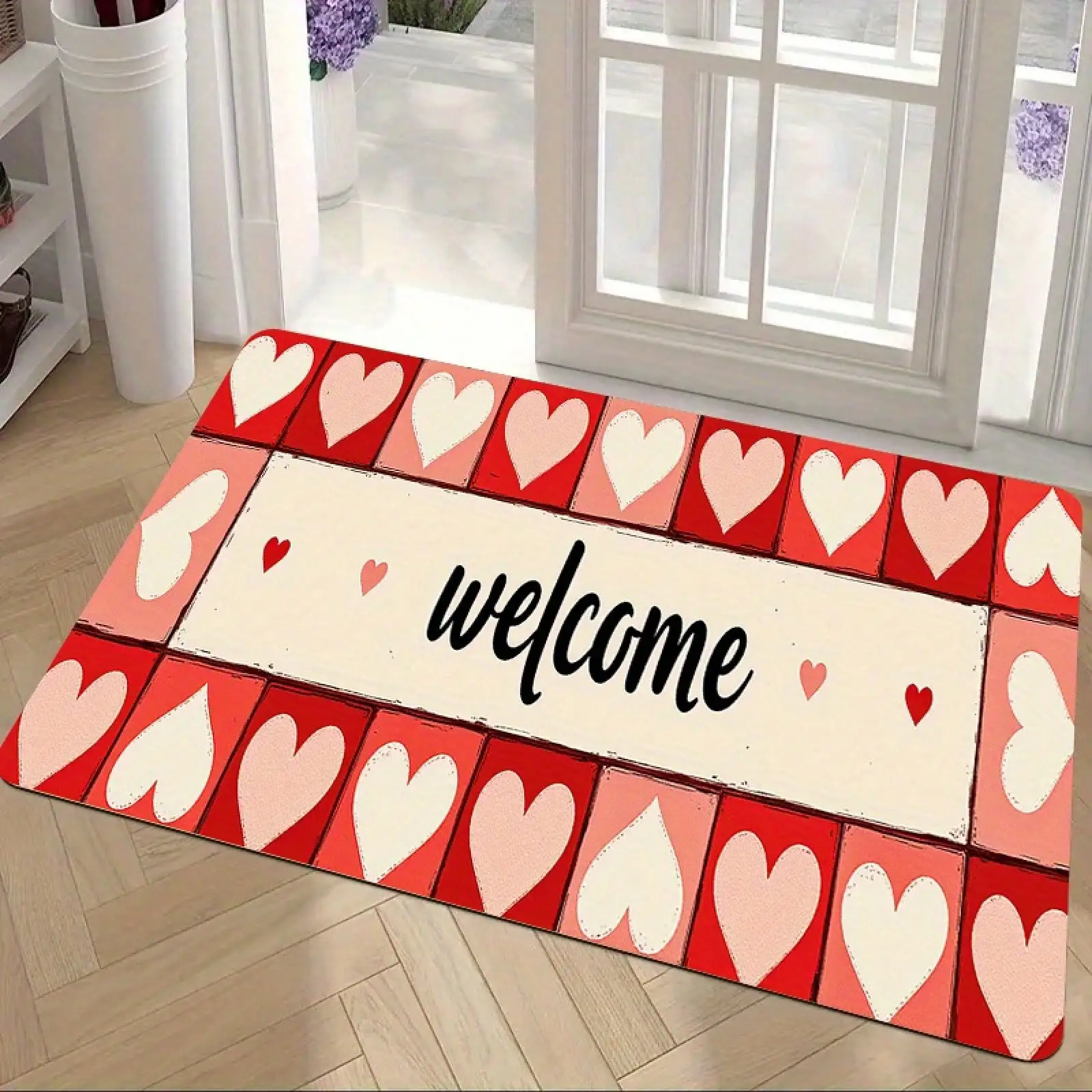 1pc Entrance Area Floor, Heart-Shaped Graffiti Splicing Valentine's Day Pattern Printed Carpet, Polyester Soft, Used Indoor And Outdoor Home Decoration