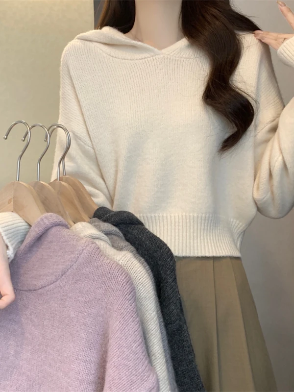 White Short Hooded Knit Sweater Women's Autumn Winter Soft Cozy Overhead Shirt Casual Loose Fit Long Sleeve  Color