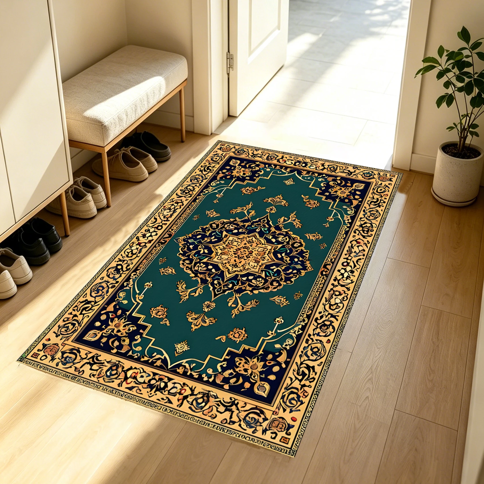 2D Large Rug with Dark Green Background and Persian Classical Pattern, Retro and Light Luxury Style, Suitable for Living Room and Bedroom, One-Click Renovation for Autumn and Winter Decoration