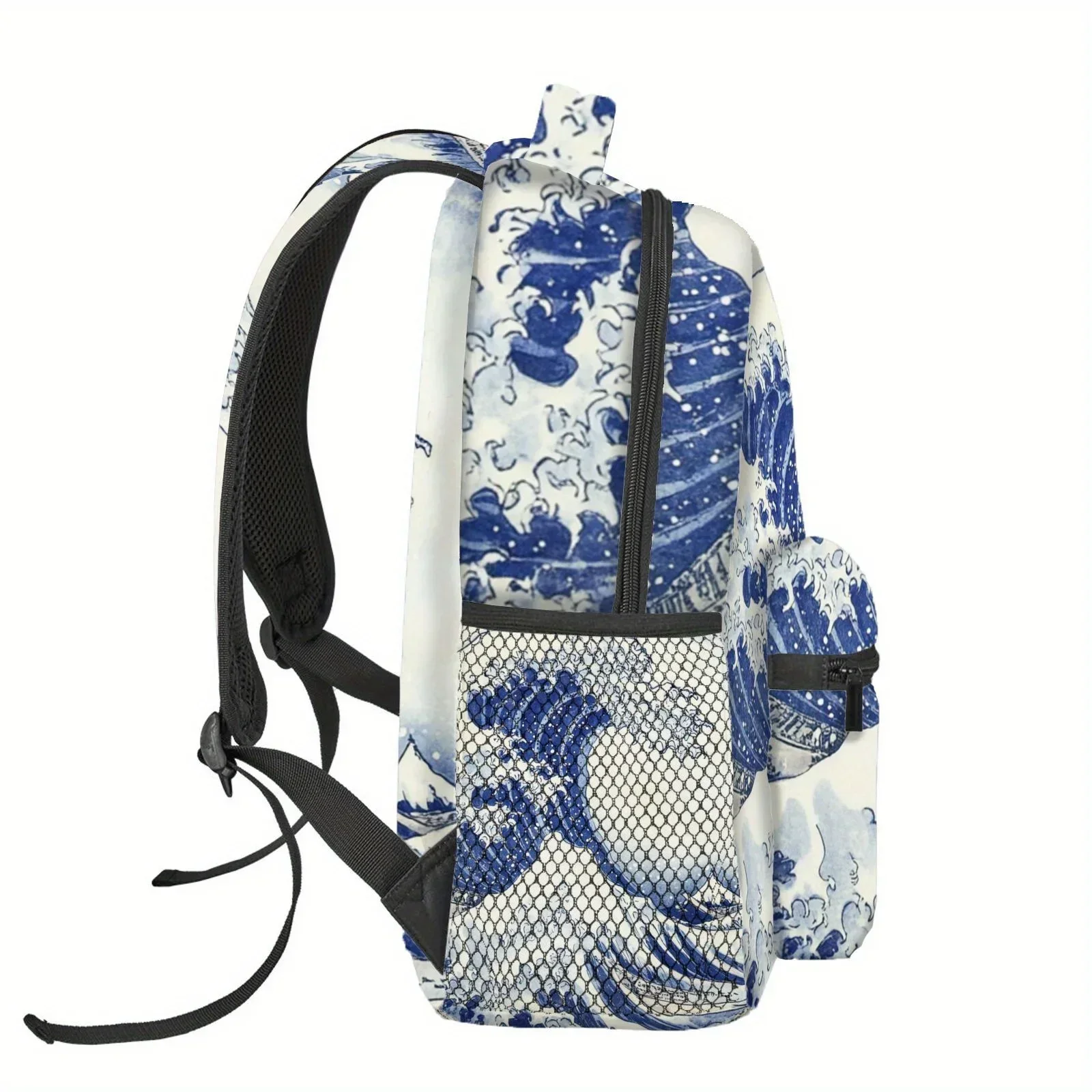 Custom Bag Foldable Casual Backpack With Great Wave Off Kanagawa Print - Adjustable Straps, Zipper Closure, White & Blue Japanes