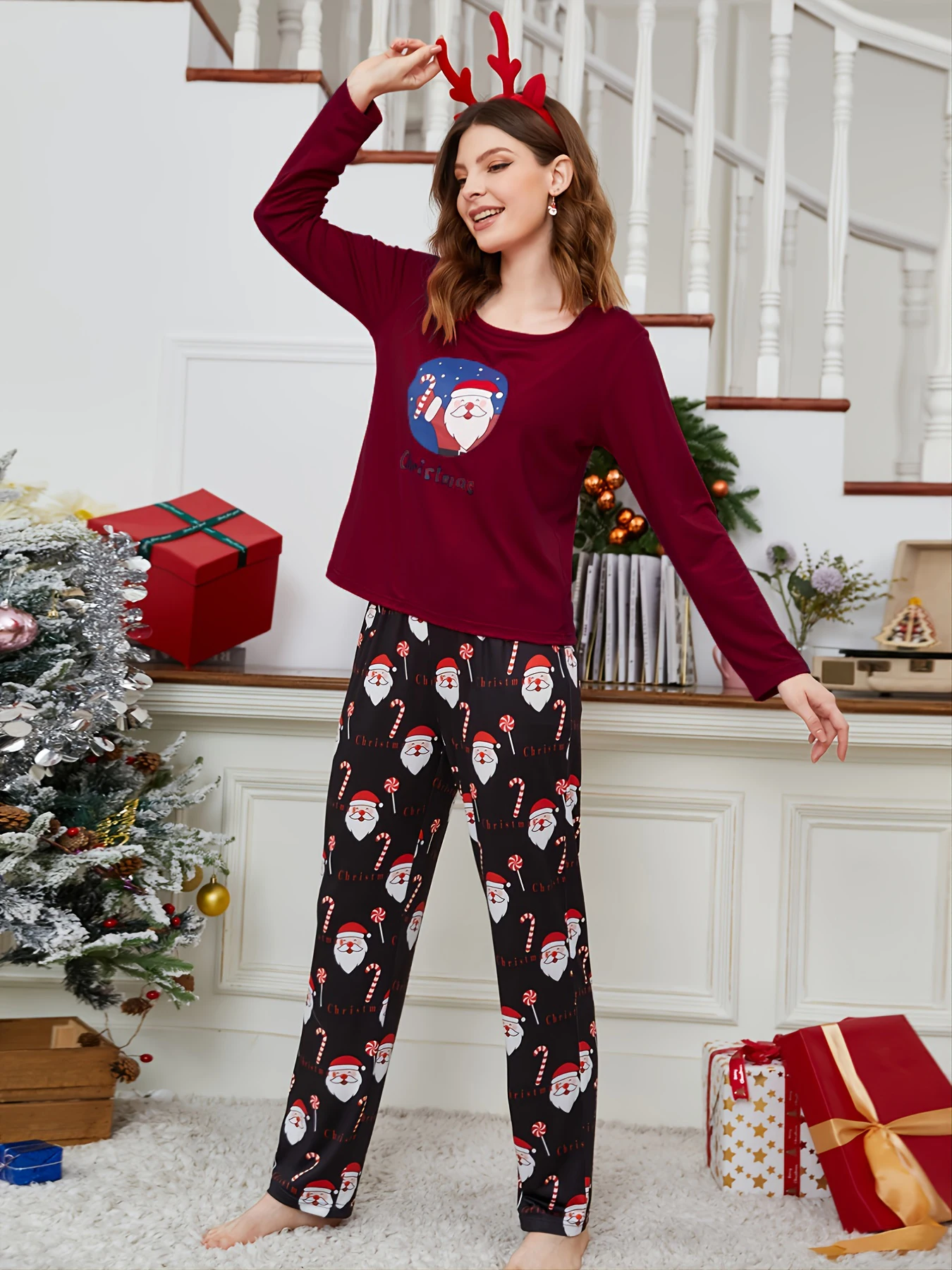 Christmas Santa Claus Print Pajamas for Women Long Sleeves Sleepwear Leisure O-neck Loungewear Lovely Girl Pijamas