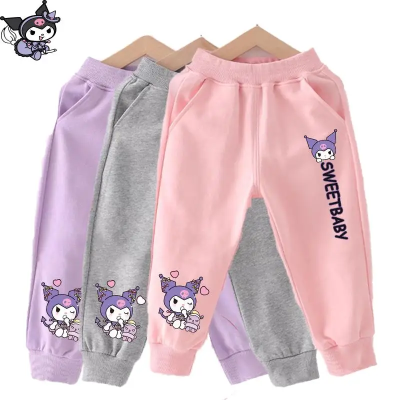 

Брюки Sanrio Kawaii Hello Kitty Kuromi, хлопковые брюки, осенняя повседневная одежда, уличные спортивные брюки, милые Мультяшные штаны для больших мальчиков