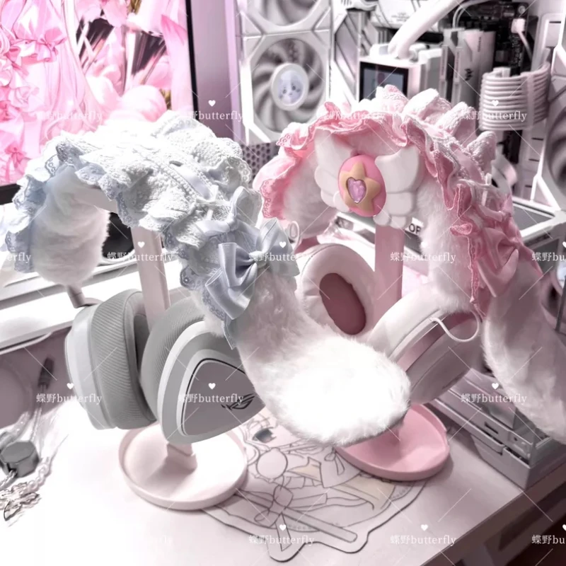 Pink White Devil Meow Head Mounted Headphone Case Customization Cute Headphone Storage Rack Desktop Display Stand Accessories view 2