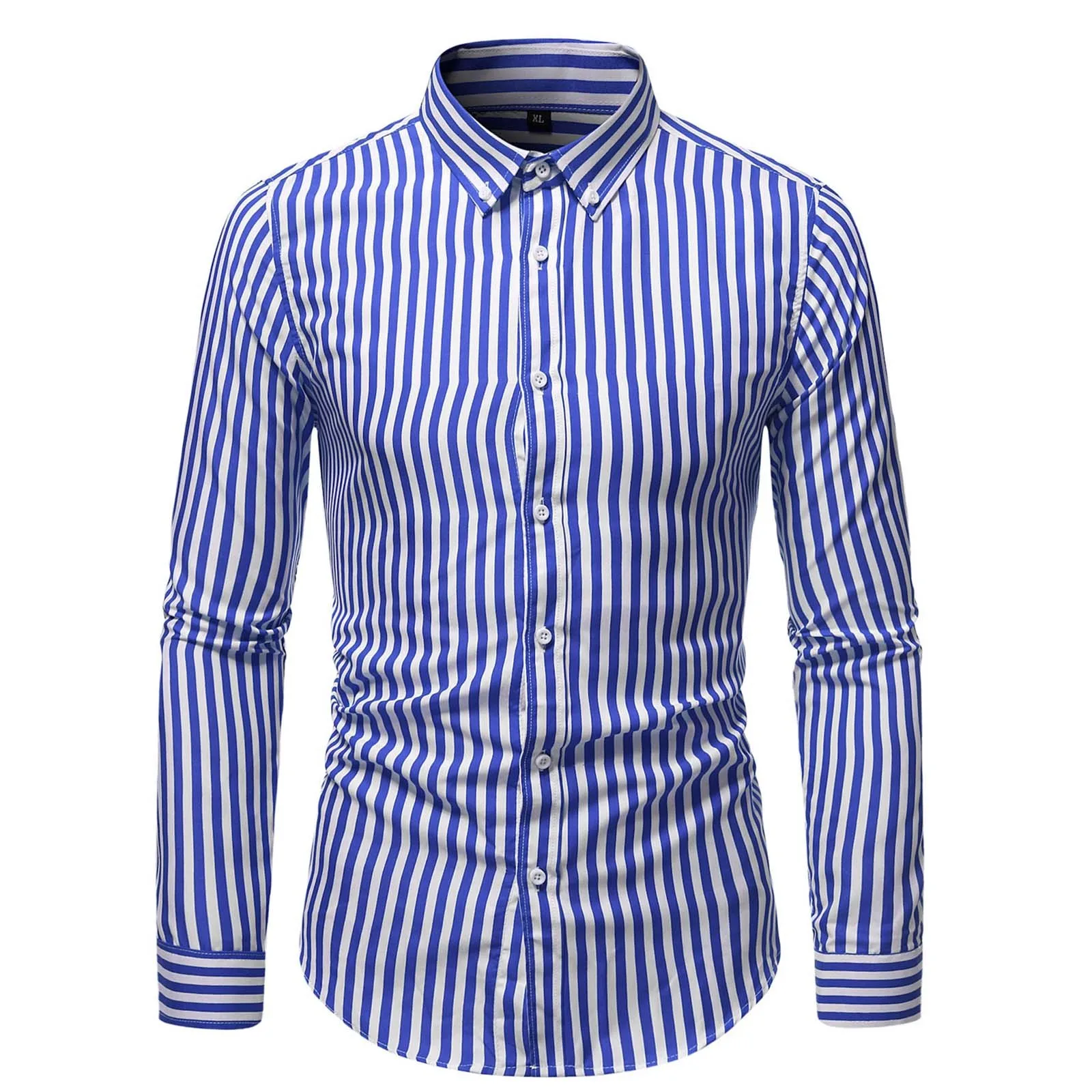 

Men Striped Casual Long Sleeved Single Breasted Lapel Shirt European And Loose Business Top Short Tee