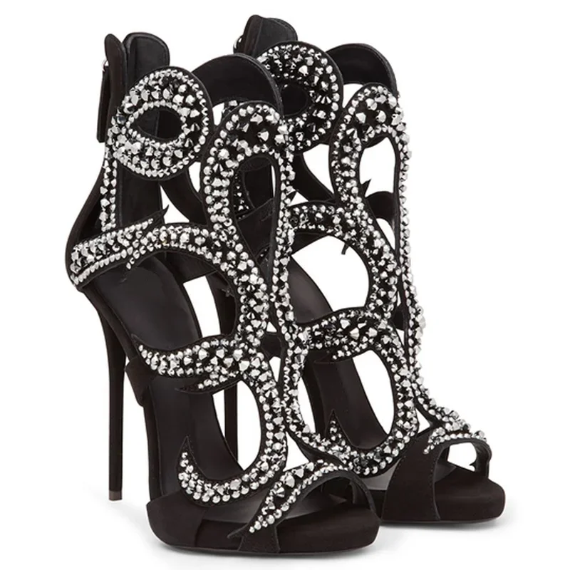 Shiny Ctrstal Mixed Colors Stiletto Sandals Sexy Round Toe Cover Heel Zipper Patchwork New Arrivals Fashion Women Modern Shoes