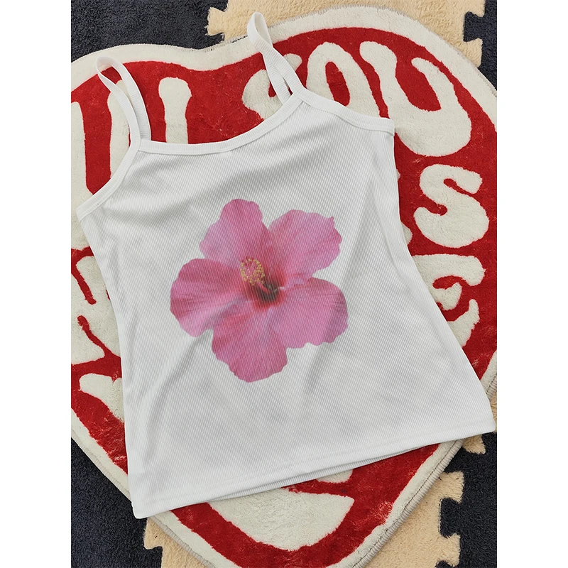 Y2k 플라워 프린트 그래픽 섹시한 캐미솔 그런지 크롭탑, 빈티지 고딕 여성 코르셋, 미적인 탱크 탑, 90 년대 옷, 카미스