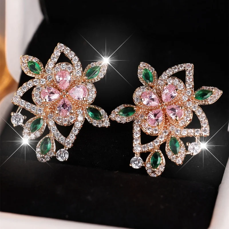 Elegant and Colorful Water Drop Five Leaf Flower Zircon Earrings, Exquisite and Unique, Fresh and Luxurious Banquet Accessories