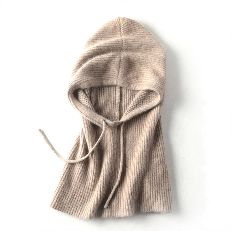 Unisex100%Wool Hat Women Knitted Drawstring Beanies Winter Soft Luxury Cashmere Balaclava Bonnet Ear Face Warm Scarf Fake Collar