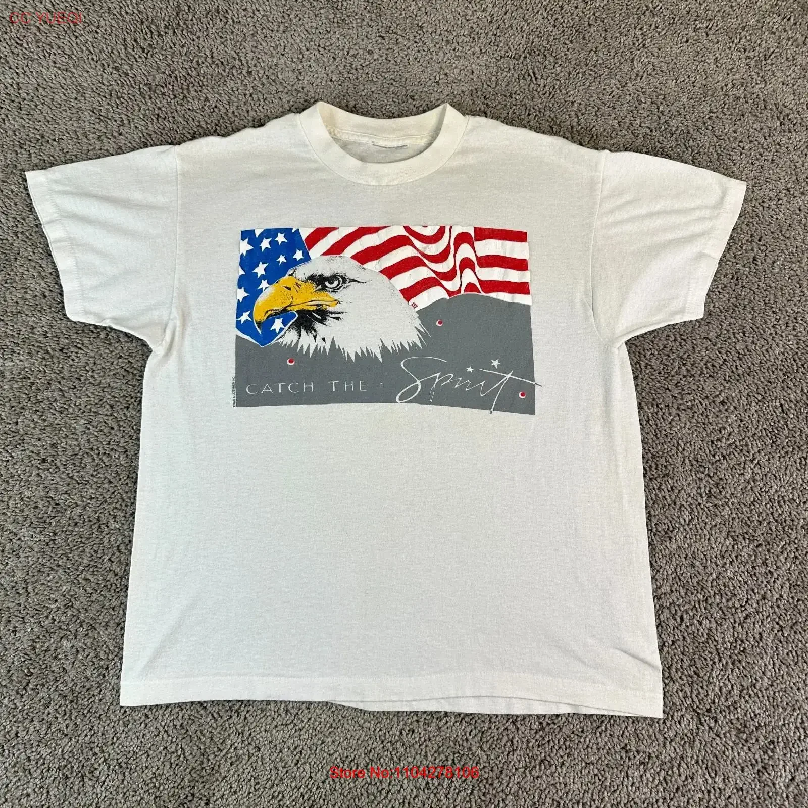 Vintage USA T Shirt Mens Medium White Bald Eagle Flag Catch The Spirit 80s vintage Washed Breathable Casual
