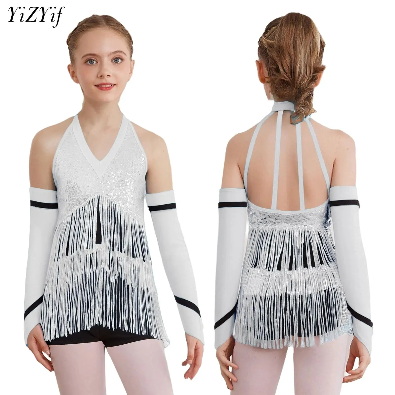 

Комбинезон для латинских джазовых танцев для девочек, купальник без рукавов с блестками и кисточками для бальных танцев, ча-ча, танго, сальсы