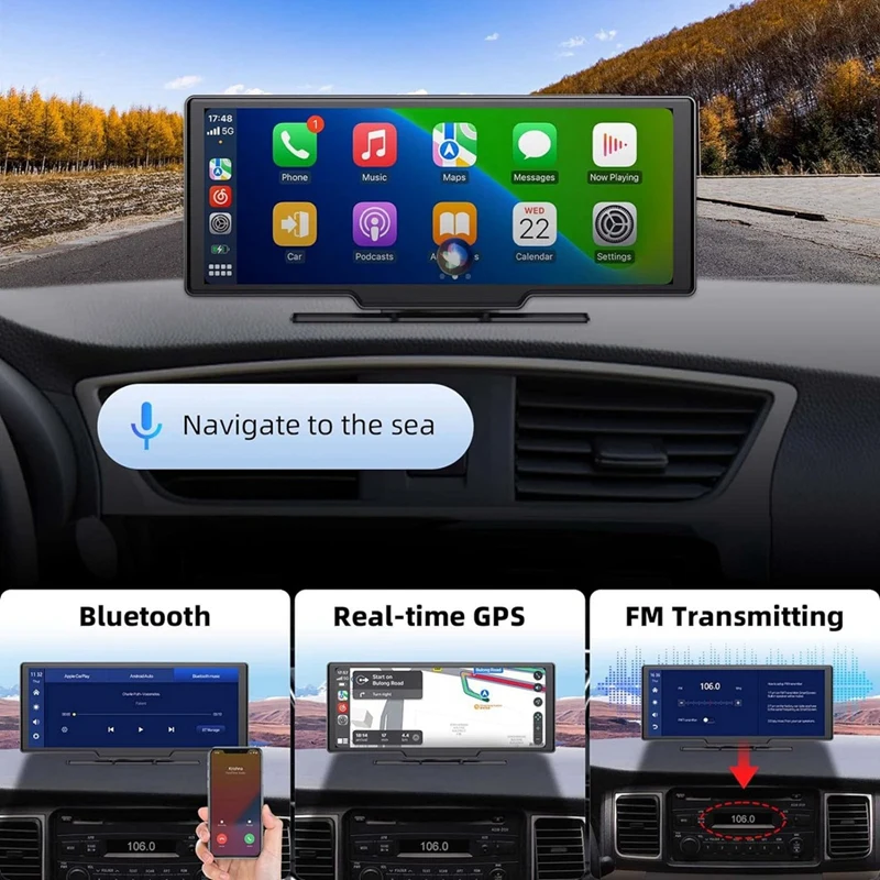 Portable Car Stereo Bluetooth Wireless Carplay Voice Assistant 10.26 Inch Touchscreen Car Radio Receiver PC+PVC 32G TF GPS FM