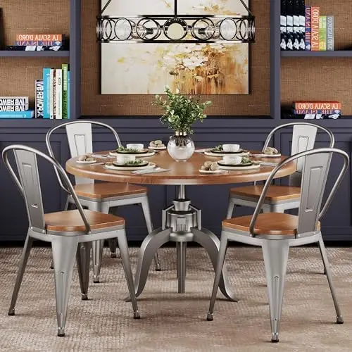 طقم كراسي طعام معدنية مقاس 18 بوصة مكون من 4 قطع، كراسي مزرعة حديدية عالية الظهر، قابلة للتكديس الصناعي، مقعد خشبي - فضي