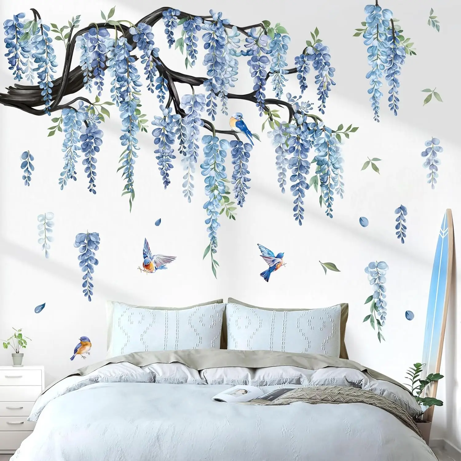 Large Flower Tree Branch Wall Stickers Blue Hanging Vine Flowers Wall Decals Bedroom Living Room Sofa TV Background Wall Decor