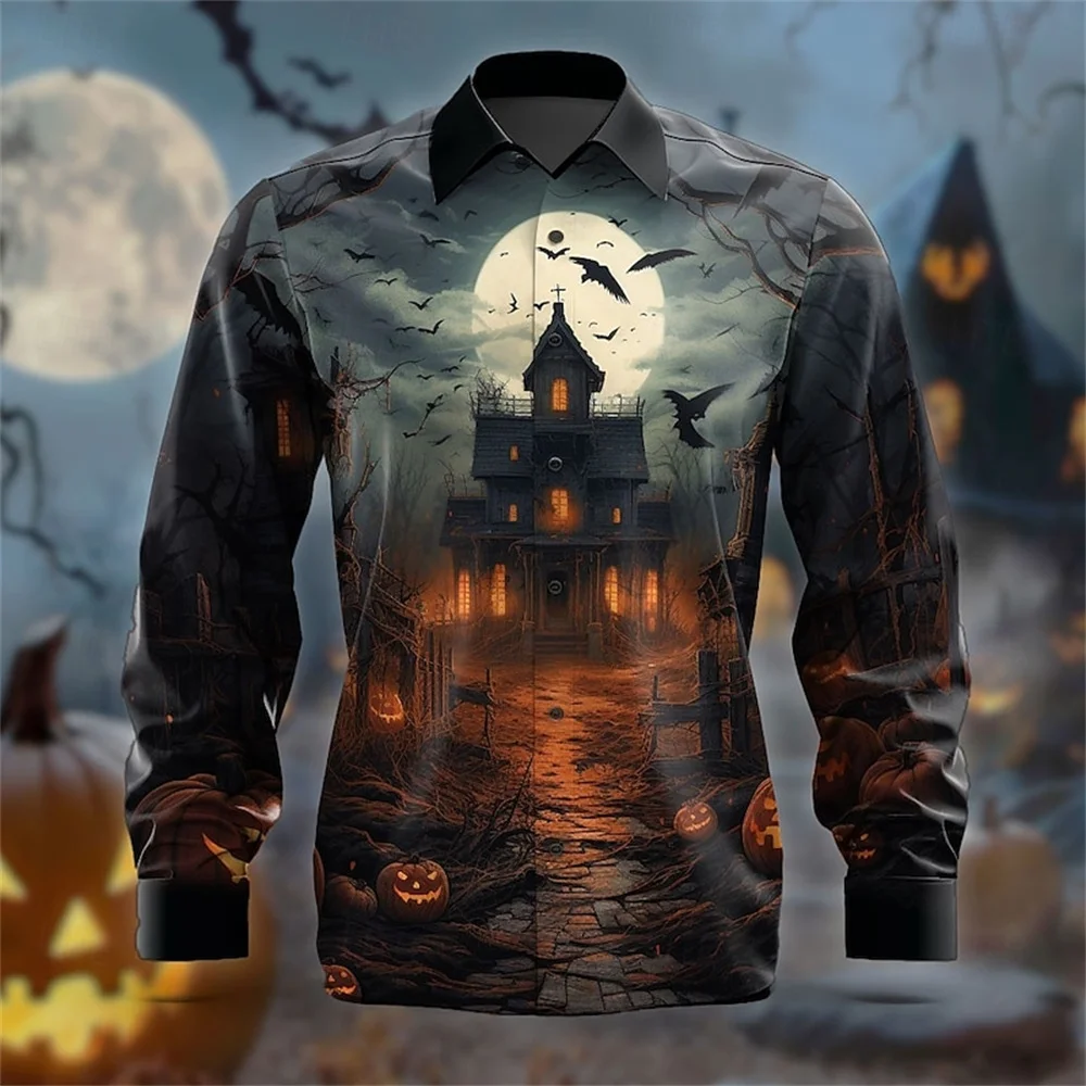 2024 New Halloween Pumpkin Horror Men\'s Long Sleeve Shirt Party Evening Fabric Comfortable Shirt 3D Printing Plus Size XS-6XL