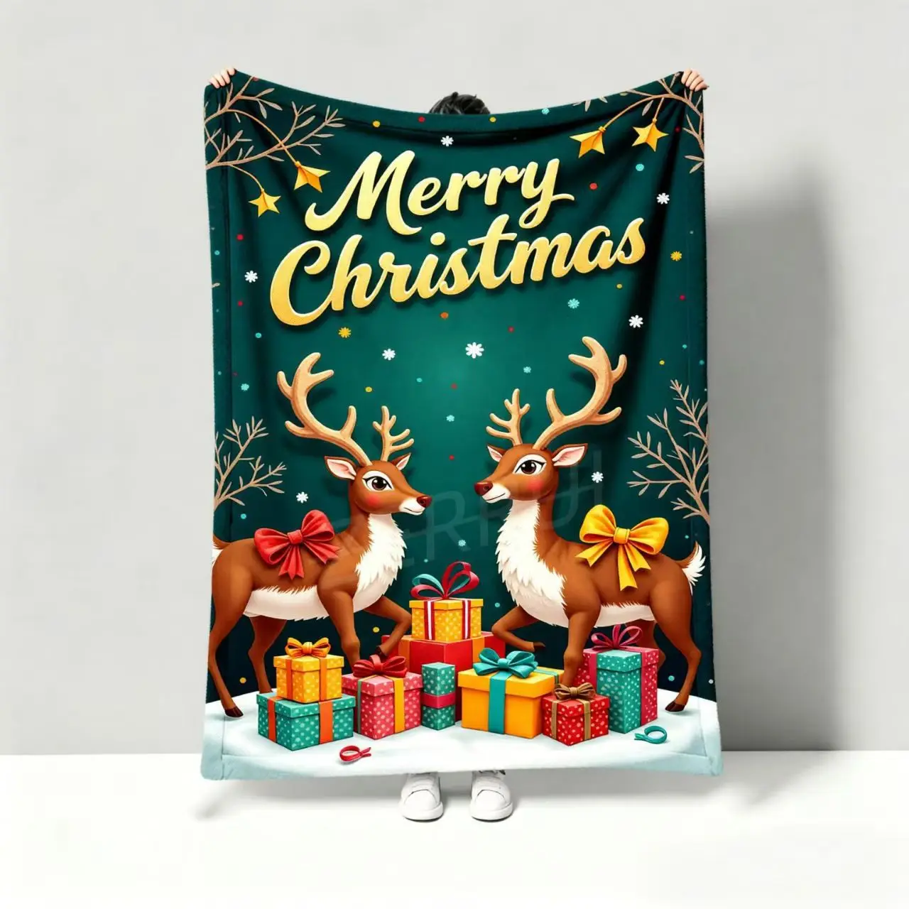 Christmas Deer Blanket Green Reindeer Slogan Throw Couch Cover Festive Gift Box Fleece Blankets Playroom Bedroom Sofa Bedding