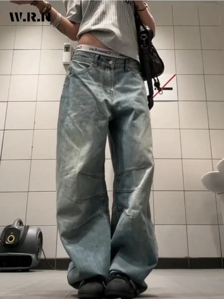 

2025 летние женские повседневные мешковатые джинсовые брюки в стиле эмо, свободные джинсы в стиле ретро в стиле Харадзюку с высокой талией Y2K 2000-х годов, светло-голубые брюки полной длины