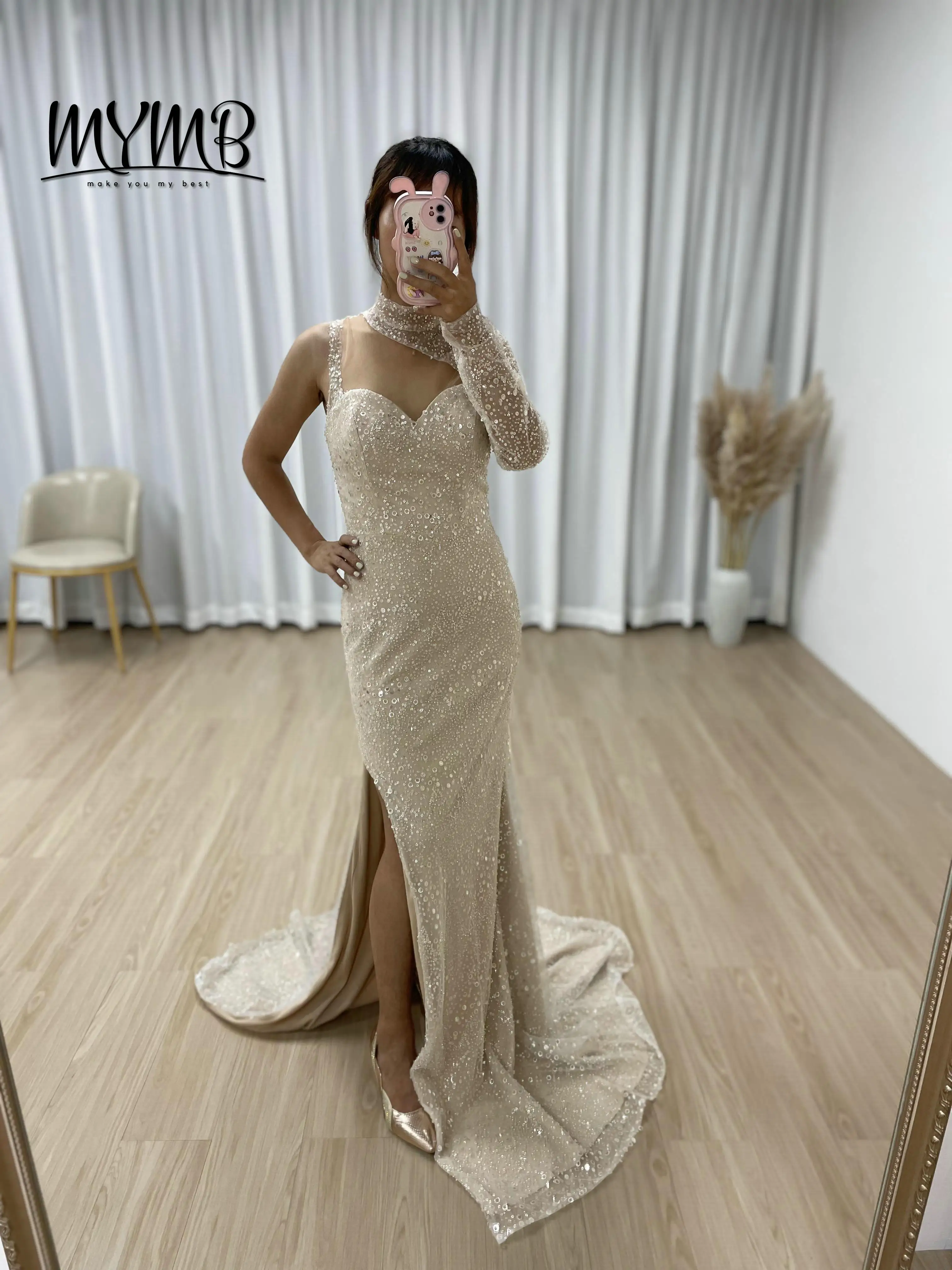 MYMB White Long Sleeve Mermaid Wedding Dresses Sexy for Bride Plus Size Sequin Women Party Dress With High Neck Elegant MY30007