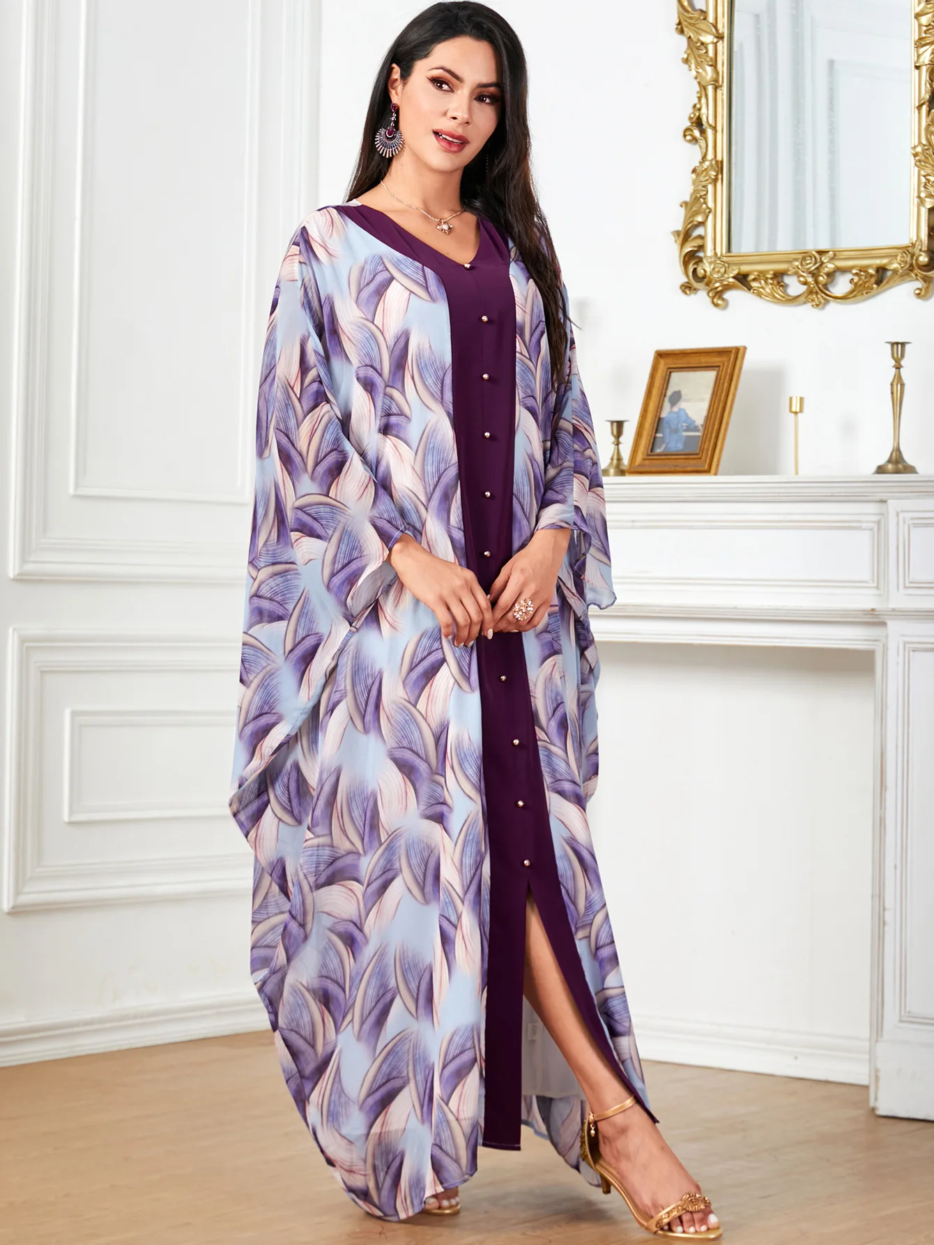 

Eid Muslim Party Dress for Women Ramadan Abaya Bat Sleeve Print Long Robe Morocco Kaftan Vestidos Largos Dubai Jalabiya 2024