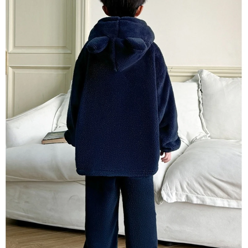 طقم بيجامة من الصوف المرجاني للمراهقين، ملابس نوم شتوية من الفلانيل القطيفة للأولاد