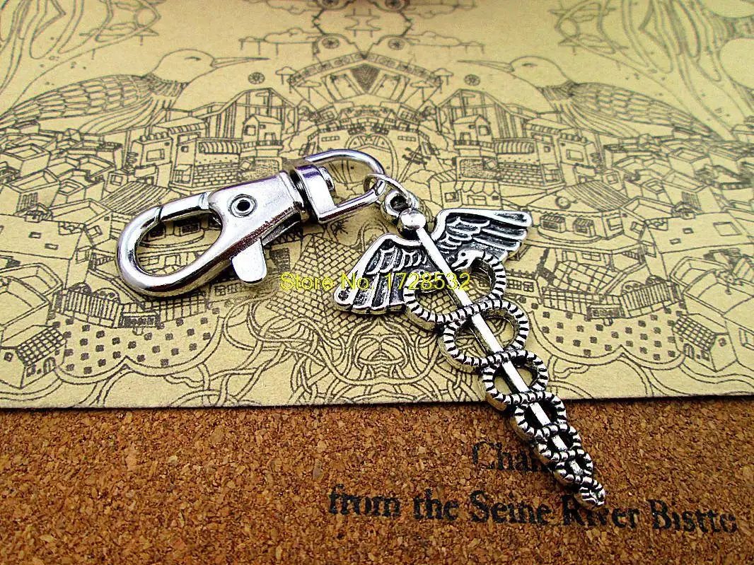 High Quality Keychain  48*30mm  Antique Silver Caduceus Medical Symbol  Staff With Wings Snakes