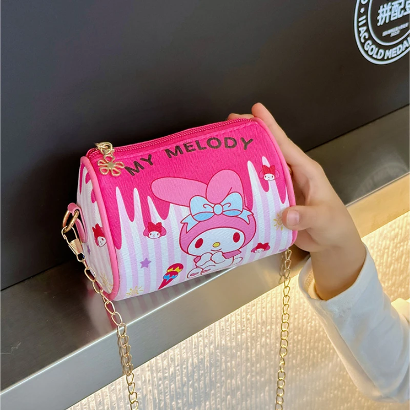 Sanrio tas bahu bundar kecil Hello Kitty Melody Kuromi perempuan dompet koin portabel tas selempang periferal Anime hadiah anak-anak