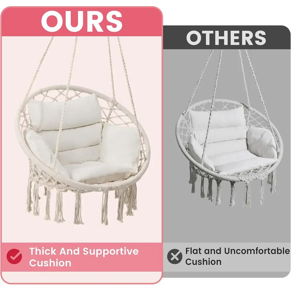 Hammock Chair Swing Chair with Medium Cushion, Hanging Chair for Bedroom, Indoor, Outdoor, Balcony, Porch, Beige