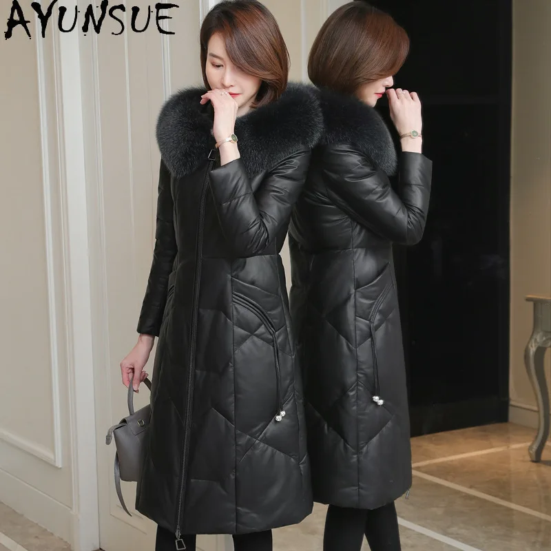 Ayunsue Schapenvacht Echt Leer Donsjack Vrouwen Winter Kleding Vos Bontkraag 2025, Warme Witte Eendendons Jas Dameskleding