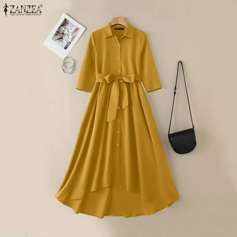 ชุดเดรสทำงานสไตล์ออฟฟิศสำหรับผู้หญิง แบรนด์ ZANZEA รุ่นฤดูใบไม้ร่วง ปี 2026 ดีไซน์เสื้อเชิ้ต คอปก แขน 3/4 แต่งเชือกผูก  สำหรับงานปาร์ตี้  กระดุมติด  ผ้าสีพื้น