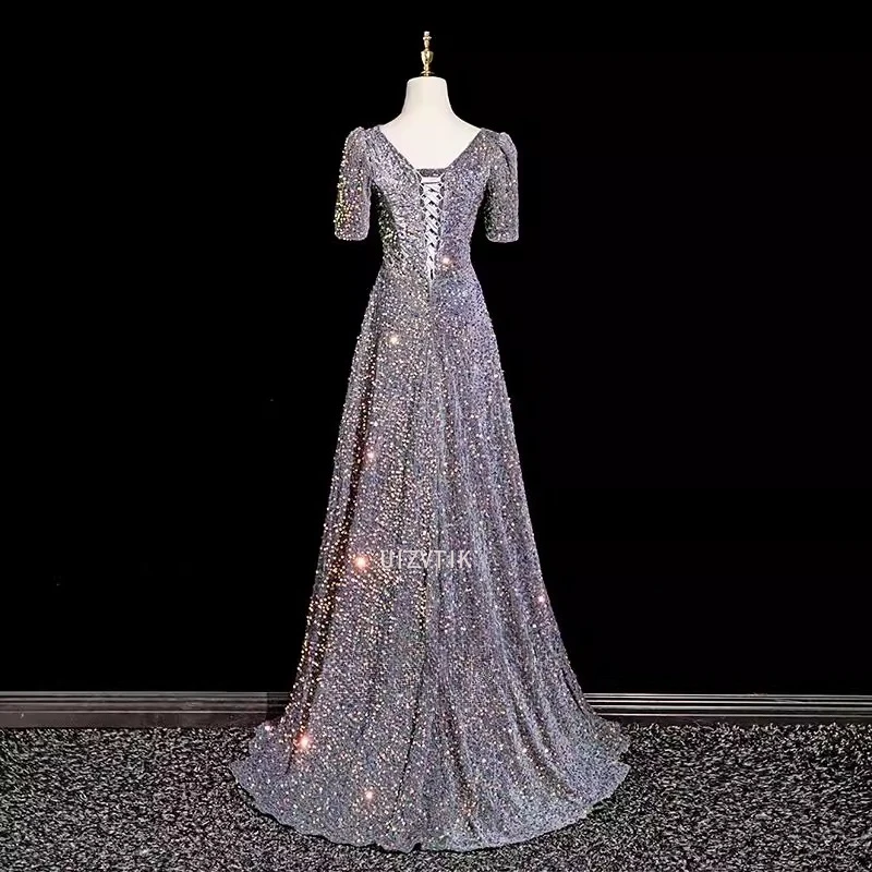 Glänzendes Pailletten-Abschlussballkleid mit V-Ausschnitt, neuer Stil, Bankett, französische Schnürung, Jahrestagung, Host-Kleid, Kostüm, Damen, langes Party-Abendkleid