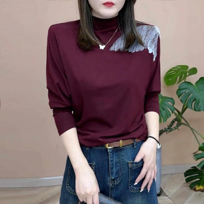 Semplicità Autunno Inverno Nuova Camicia che tocca il fondo Collo a lupetto da donna Stampa Moda coreana Manica lunga Pullover larghi T-shirt Top