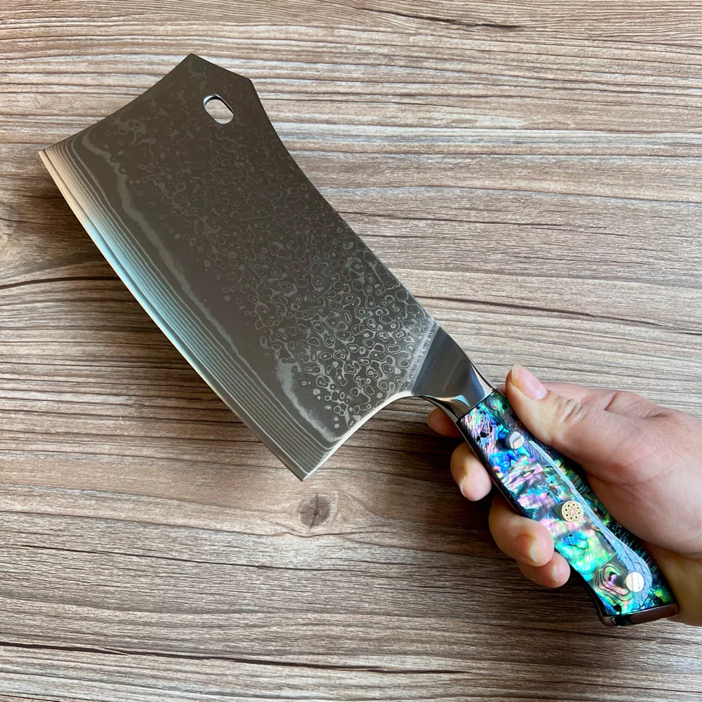 RHON 7inch Chopping Knife VG10 Damascus Steel Blade Chinese Chefs Meat Cleaver Kitchen Knives Meat Bone Poultry Cutting Tools