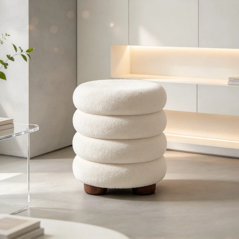 Round Vanity Stool Cream Makeup Ottoman Dressing Chair Space Saving for Girls Bedroom Home Decor Premium Gift Box Set AAA Plus