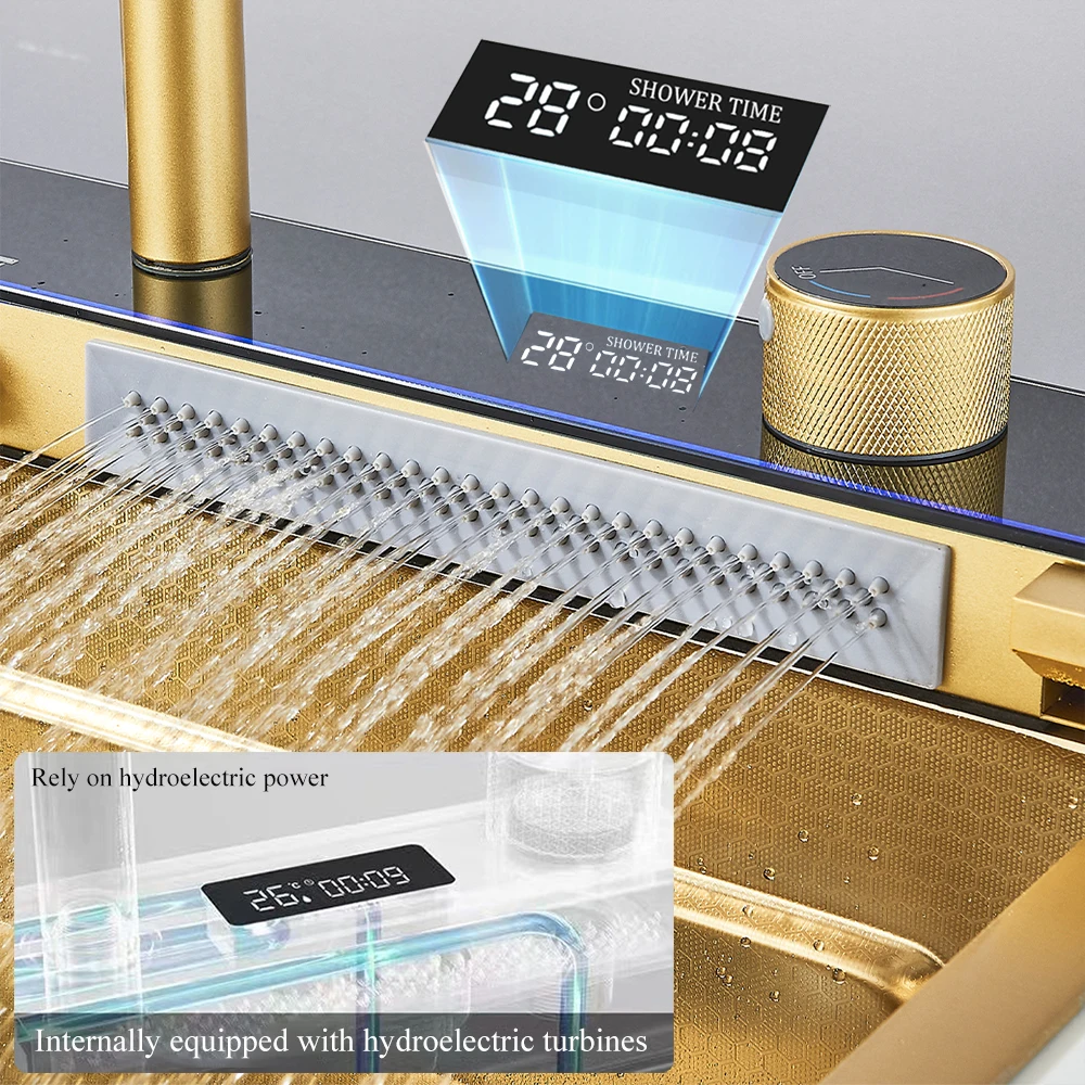 Zlewozmywaki kuchenne z wyświetlaczem cyfrowym, jednokomorowe, ze stali nierdzewnej, z wylewką wodospadową, cyfrowe zlewozmywaki kuchenne, kran kuchenny cyfrowy z wyciąganą wylewką, ciepła i zimna woda.