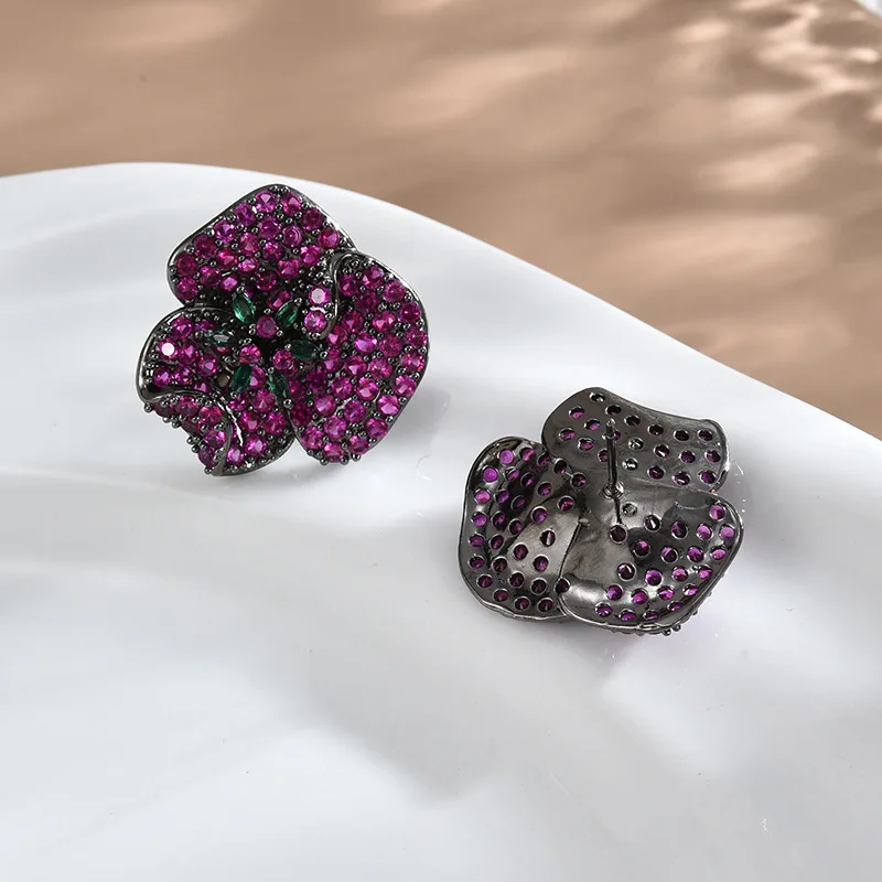 FXLRY Luxury Cubic Zirconia Red And Purple Flower Stud Earrings For Women Wedding Party Earing Jewelry