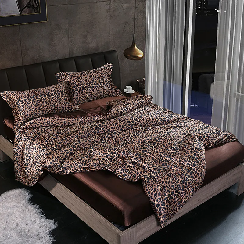 European Leopard Print Four-piece Set Double-sided Ice Silk Satin Quilt Cover Naked Sleeping Bed Sheets Pillowcase Bedding Set