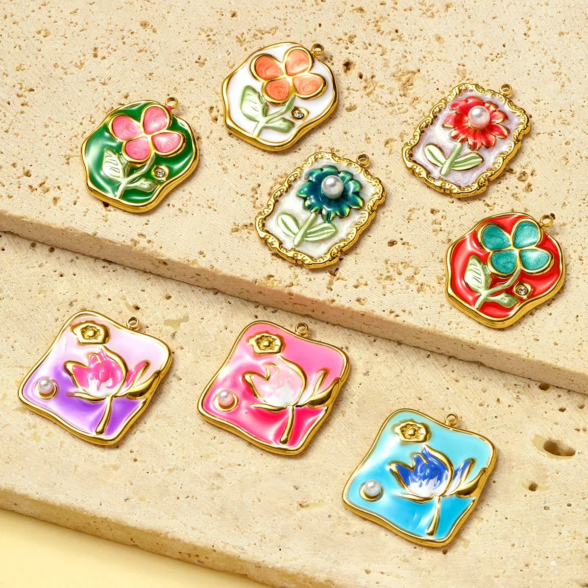3pcs/Lot Stainless Steel Enamel Monet Garden Necklace Pendants Lotus Daisy DIY Earring Charms Flower Making Women Jewelry