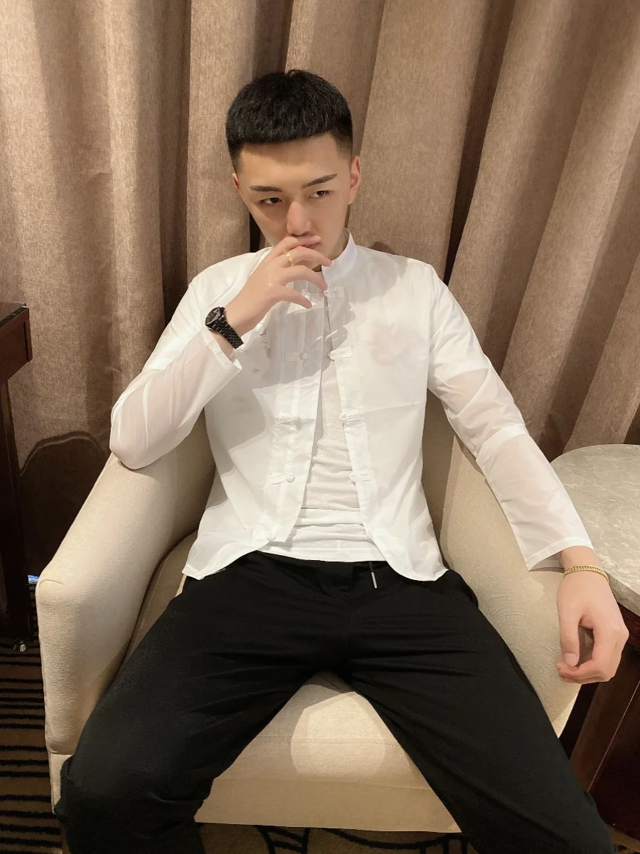 

Ultra-Thin Summer Men's Tang Suit Sun Protection Outerwear Stand Collar Faionable Lightweight Polyester Jaet for Youth