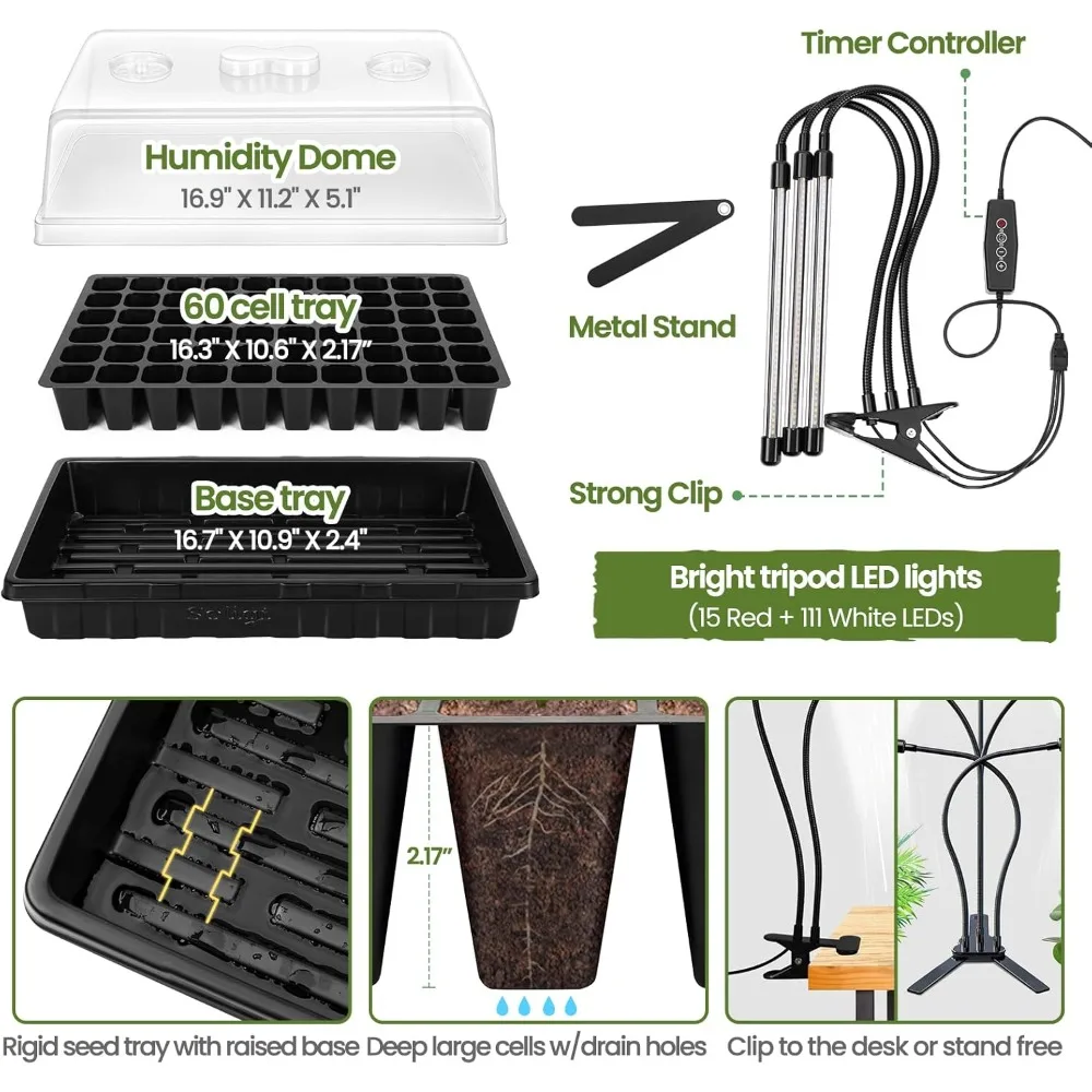 Seed Starter Kit with Grow Light - Durable 60 Cell Seed Starting Tray, Humidity Dome for Seed Growing Germinating, Seedling