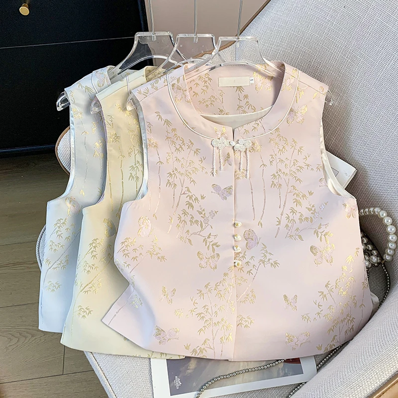 

Classical Chinese Sle Embroidered round Ne Button up Sweater Golden Tead Traditional Hanfu Top Vintage Tank Vest Women'...