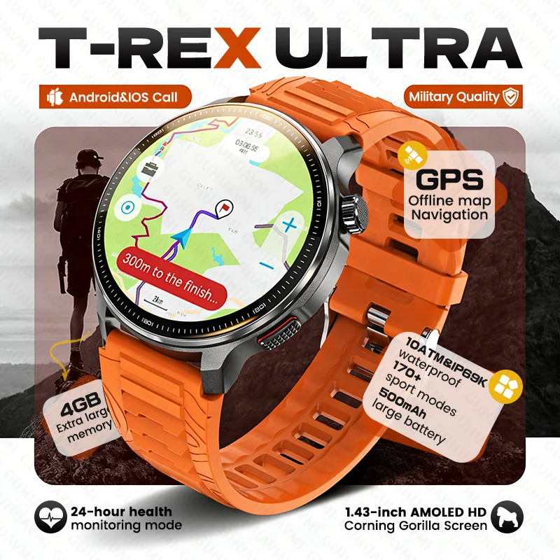 

Новые военные умные часы T-REX с ультраточным GPS-маппингом, 4 ГБ памяти, водонепроницаемостью 10ATM, Bluetooth-звонками, AMOLED HD-дисплеем, для мужчин, спортивные смарт-часы