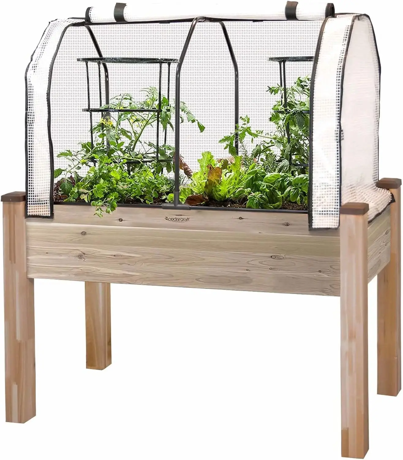 Self-Watering Elevated Cedar Garden Vegetable Flower Herb Planter with Dual Zipper Door Greenhouse Frame Cover for Patios and Ba